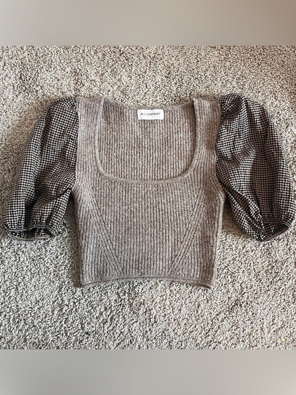 Self Contrast Puff Sleeve Sweater Top Gingham Balloon Sleeves Taupe Sz Small